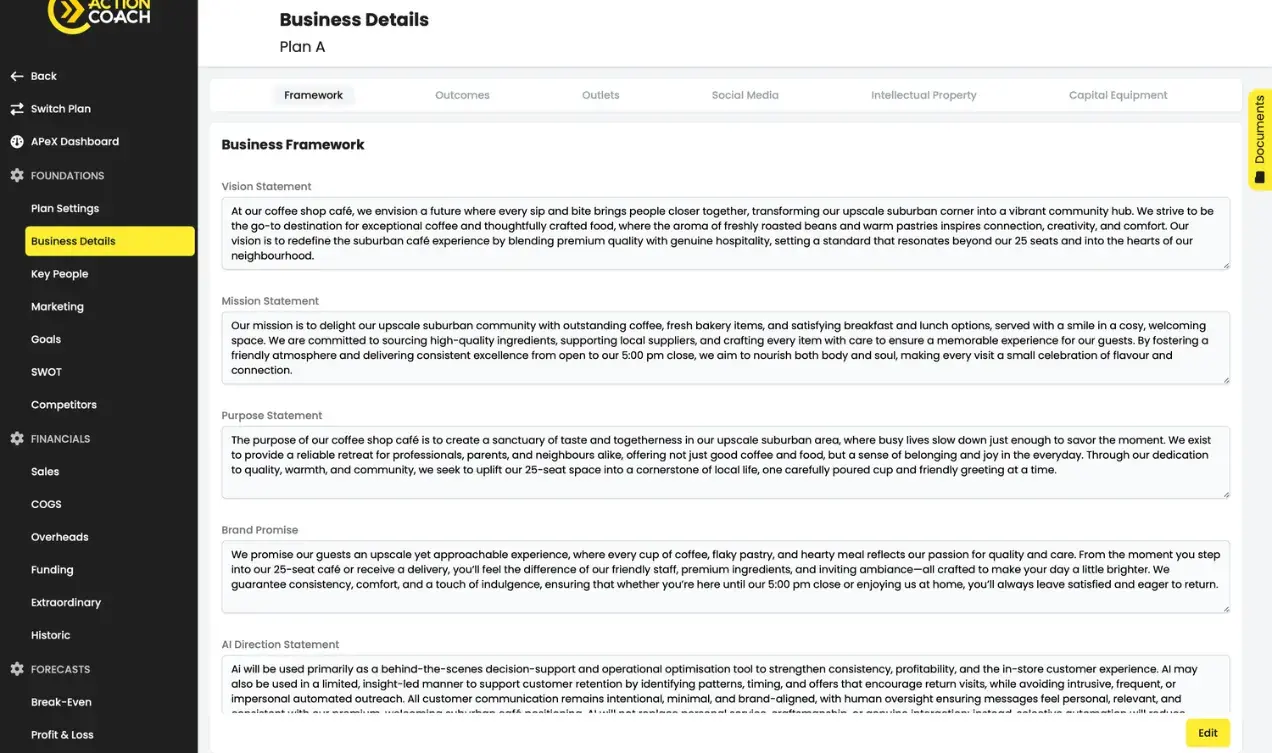 APeX business details screen with vision, mission, purpose, brand promise and AI direction statements