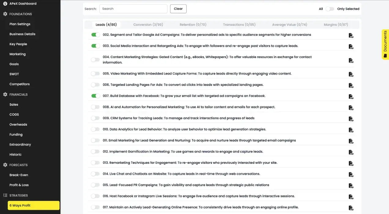 APeX strategy library organized by leads, conversion, retention, transactions, average value and margins